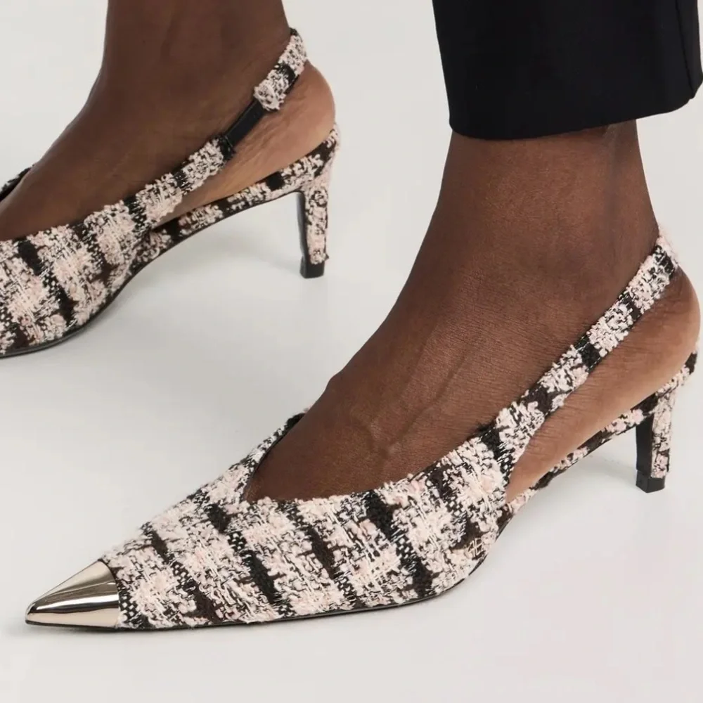 Anine Bing Nina Slingback Heels with Metal Toe in Black/Cream/Apricot Tweed - Picture 2 of 11